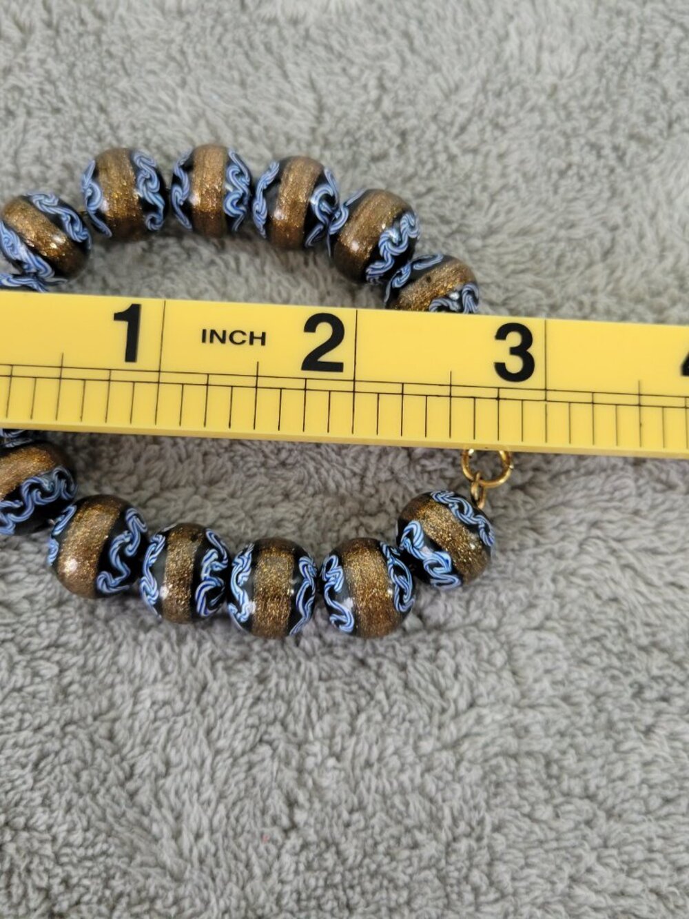 Vintage Murano Venetian Style Art Bead Bracelet Gold Shimmer Blue Swirl B4E - Picture 6 of 8